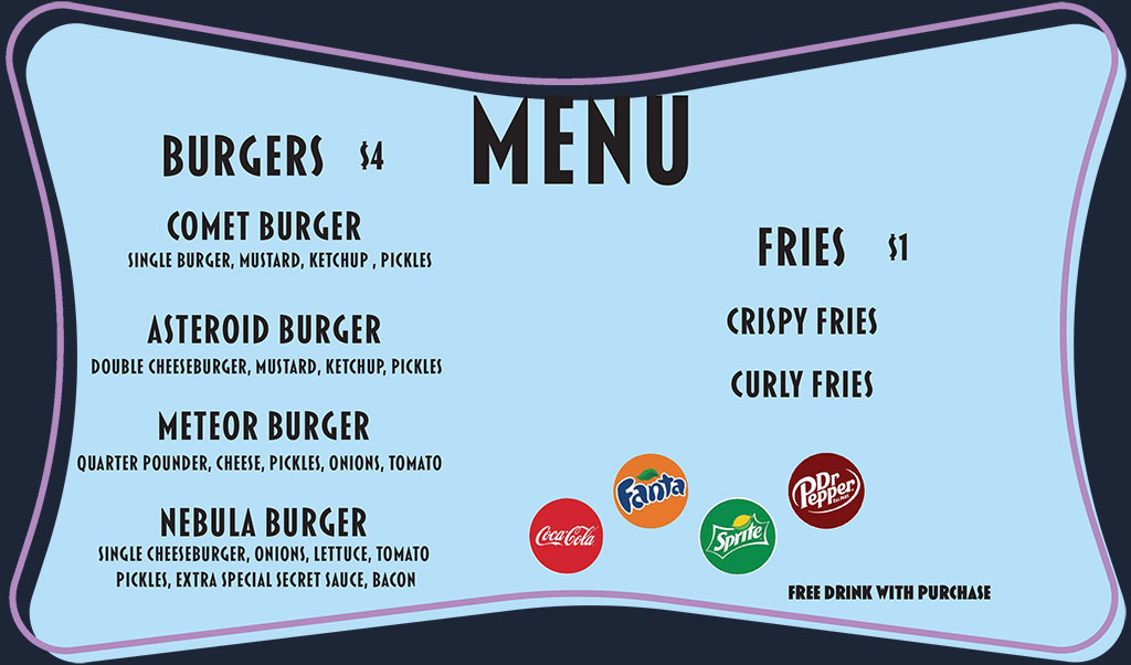 A light blue menu with an offset, purple border. Burgers five dollars. Burger options are the Comet burger, a single burger with mustard and ketchup; Asteroid Burger, a double cheeseburger with mustard, ketchup, and pickles; Meteor Burger, a quarter pounder with cheese, pickles, onions, and tomato; and a Nebula Burger, a single cheeseburger with onions, lettuce, tomato, pickles, extra special secret sauce, and bacon. Fries are a dollar. The option for fries is crispy fries and curly fries. Free drink with purchase. Drinks include Coca-Cola, Fanta, Sprite, and Dr. Pepper.